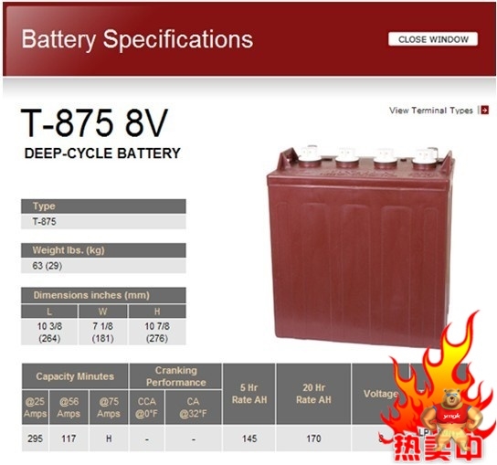 美国TROJAN邱健蓄电池T-875/8V，170AH适用于电动清洁机械